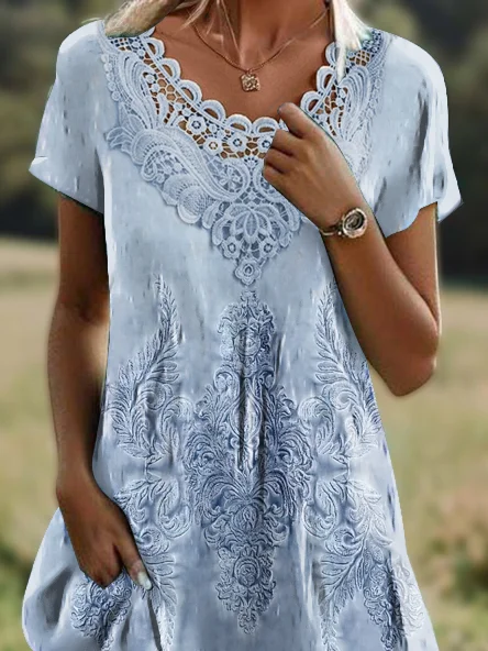 Women Floral Shirt Collar Short Sleeve Comfy Casual Lace Midi Dress