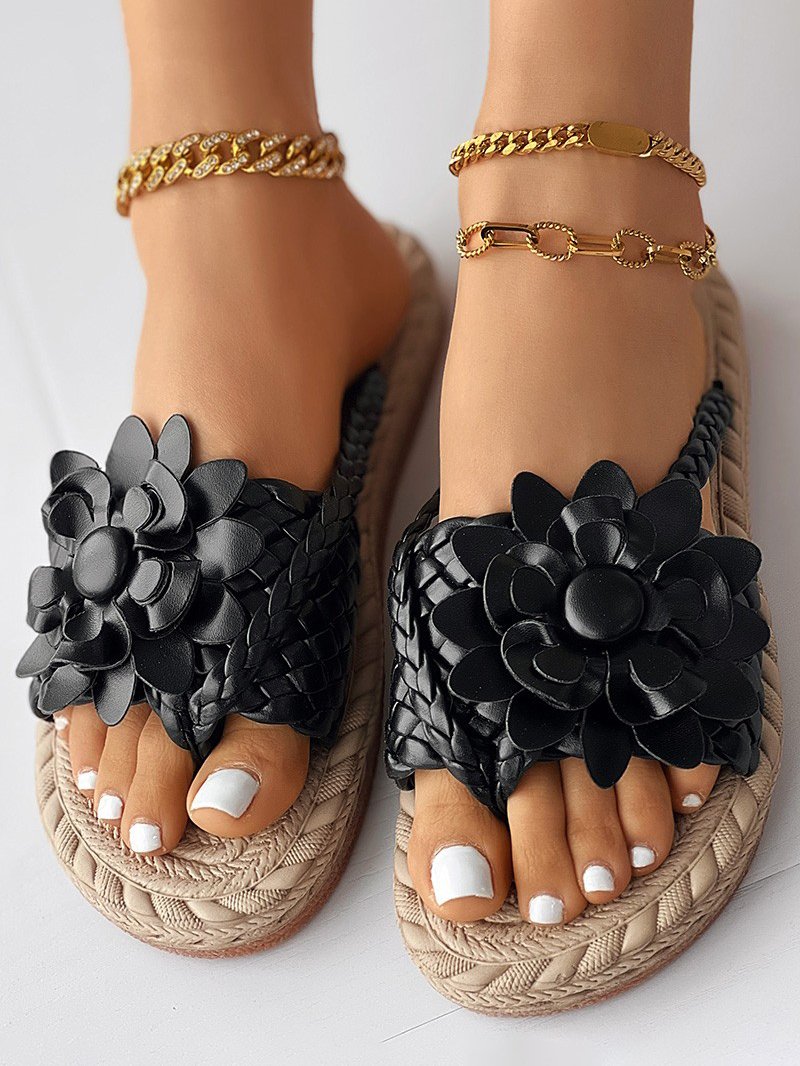 Casual Floral Slip On Flat Heel Slide Sandals Applique