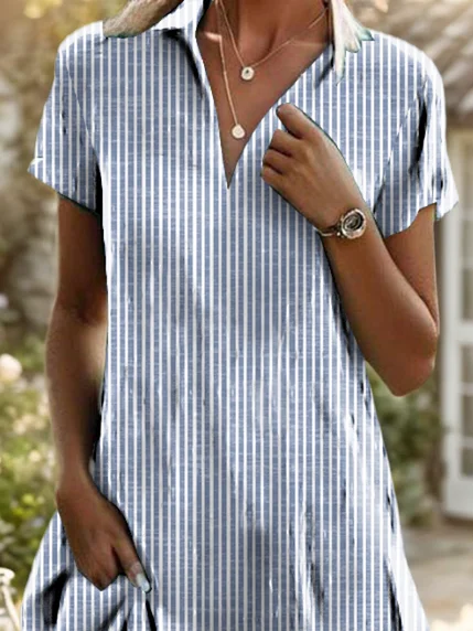 Women Striped Shirt Collar Short Sleeve Comfy Casual Midi Dress