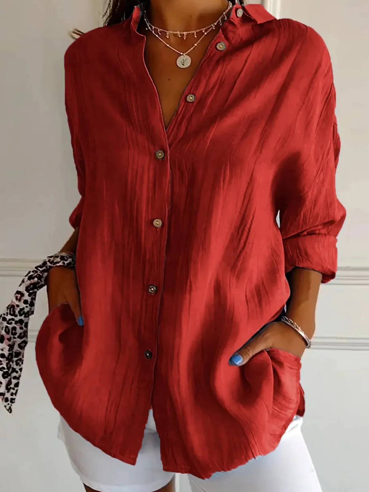Shirt Collar Long Sleeve Plain Regular Micro-Elasticity Loose Shirt For Women