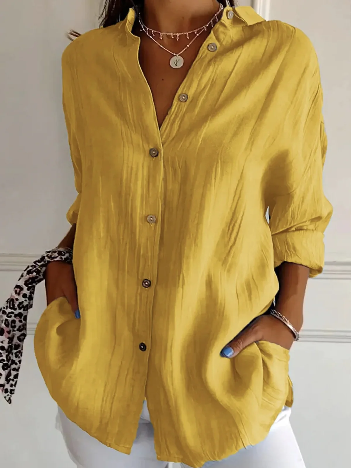 Shirt Collar Long Sleeve Plain Regular Micro-Elasticity Loose Shirt For Women