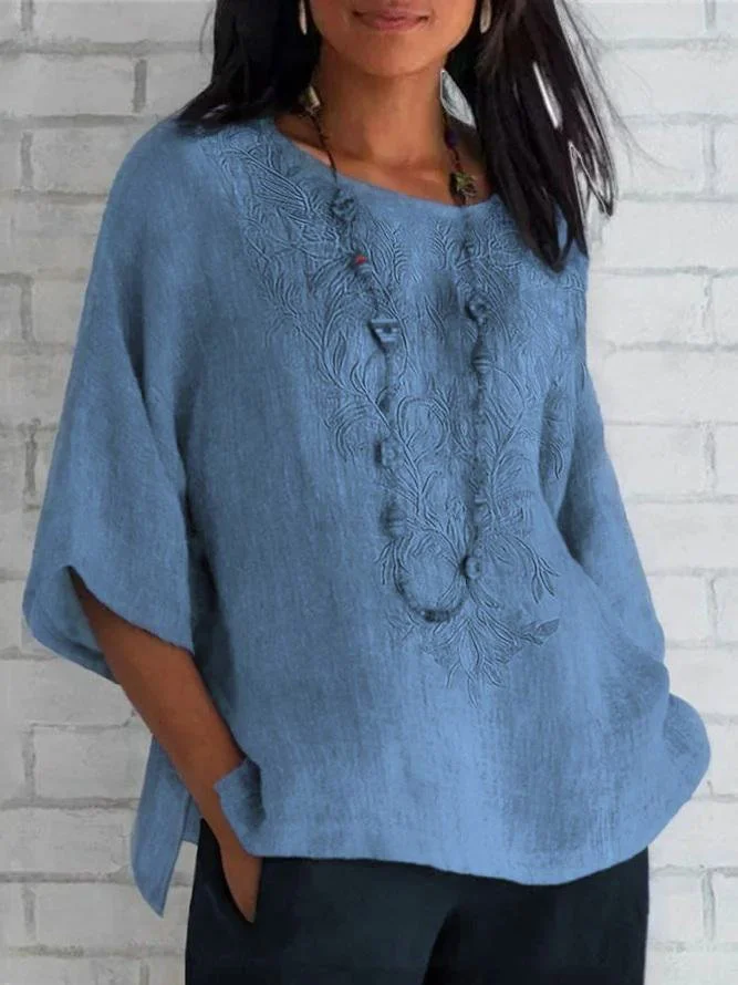 Crew Neck Short Sleeve Plain Embroidery Regular Loose TUNIC Shirt For Women