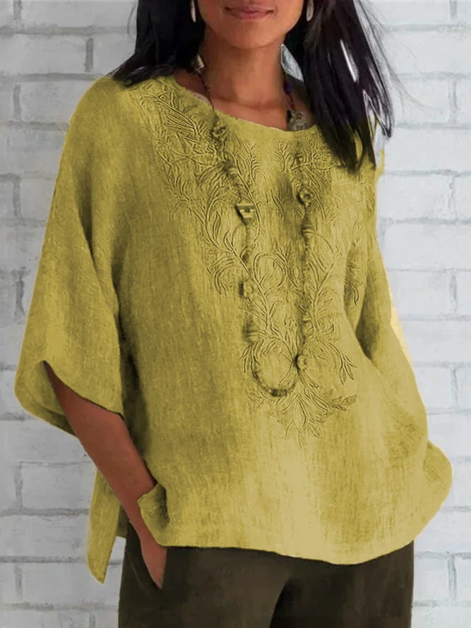 Crew Neck Short Sleeve Plain Embroidery Regular Loose TUNIC Shirt For Women