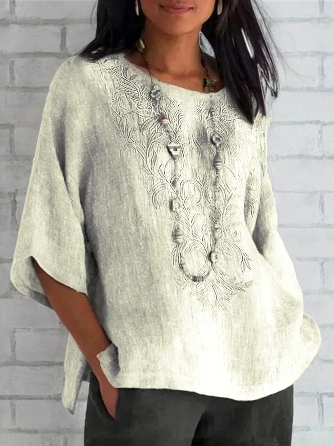 Crew Neck Short Sleeve Plain Embroidery Regular Loose TUNIC Shirt For Women