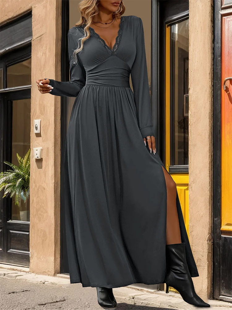 Women Plain V Neck Short Sleeve Comfy Casual Lace Maxi Dress