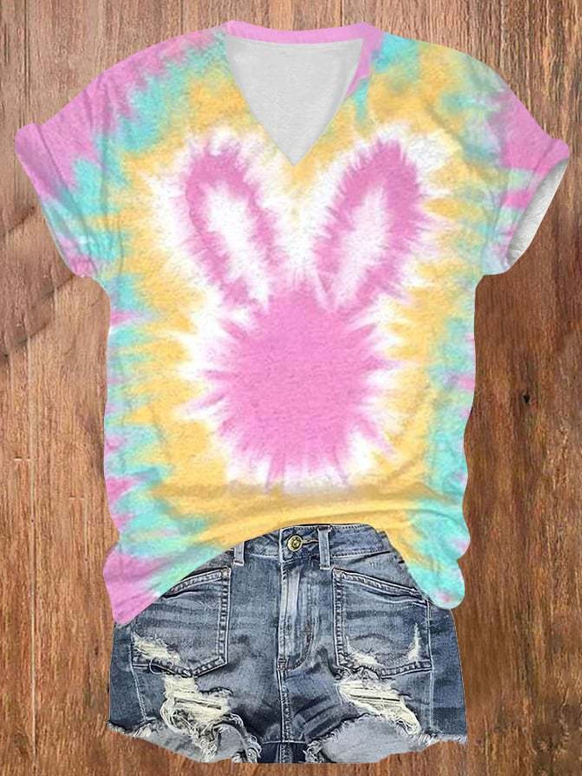 Casual Rabbit V Neck Short Sleeve T-shirt