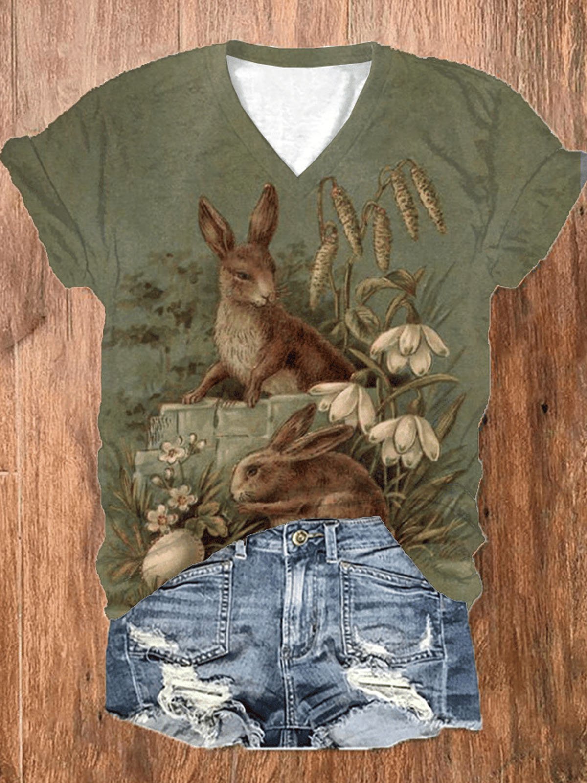 Casual Rabbit V Neck Short Sleeve T-shirt