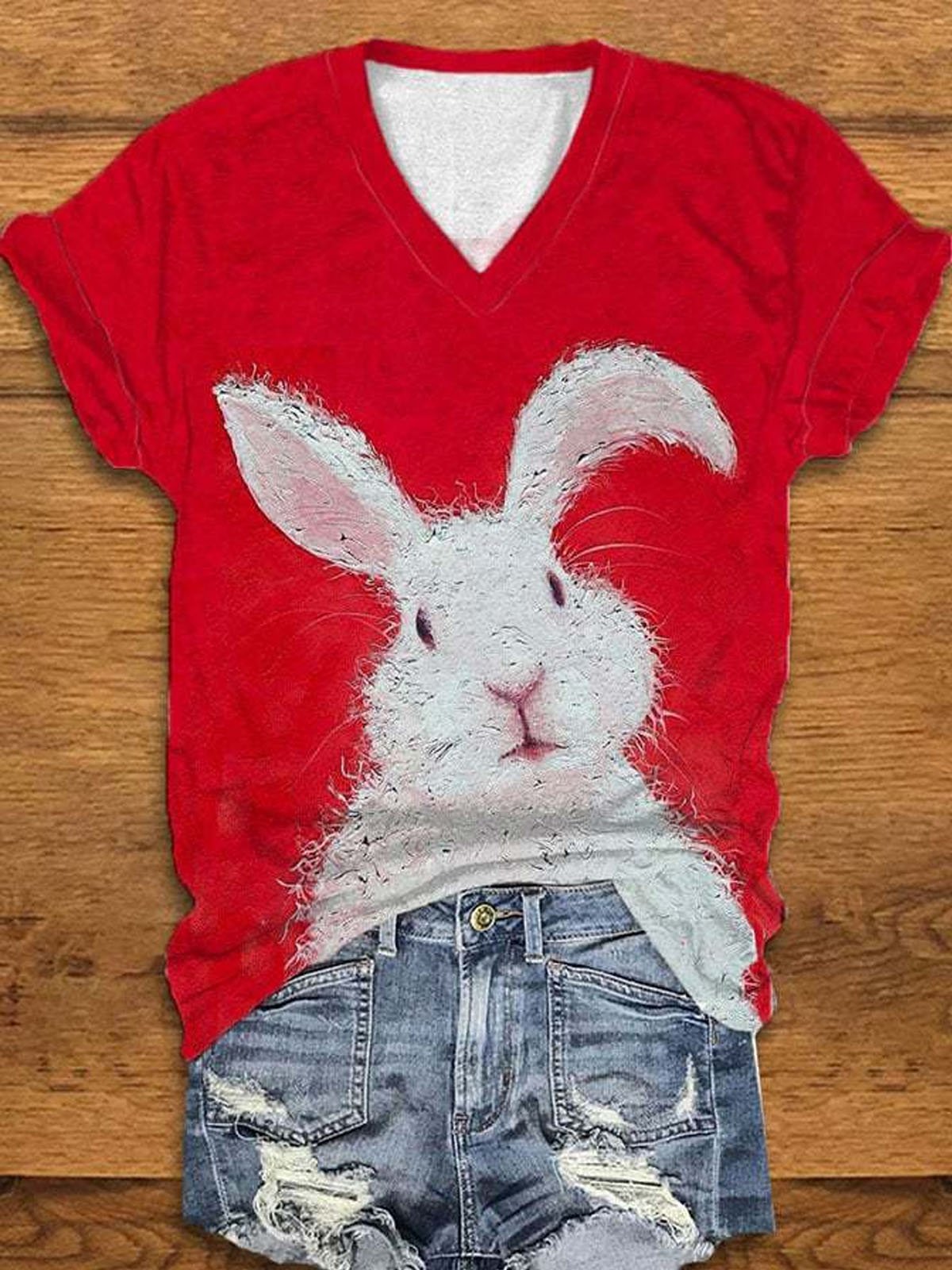 Casual Rabbit V Neck Short Sleeve T-shirt