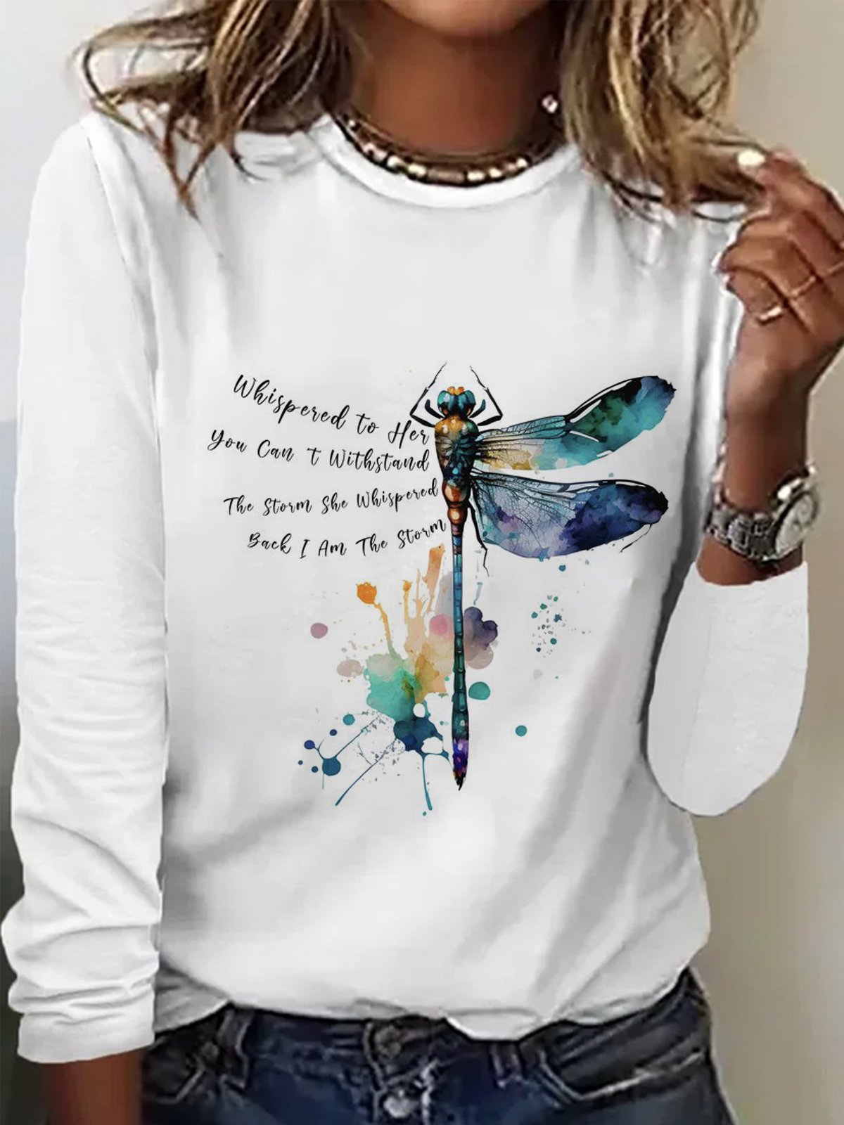 Casual Dragonfly Art Print Crew Neck Long Sleeve Comfy T-shirt