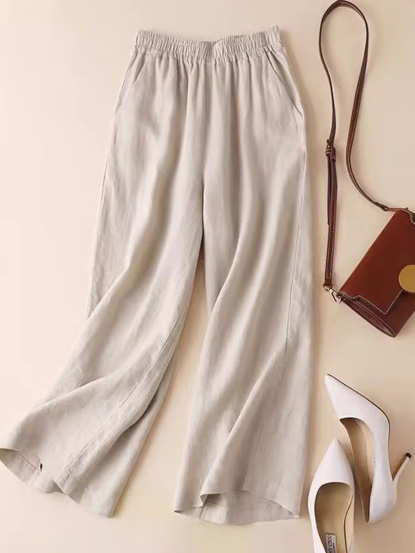 Casual Plain Ankle Pants Elastic Waist Pocket Stitching Pant