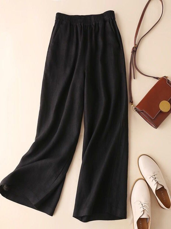 Casual Plain Ankle Pants Elastic Waist Pocket Stitching Pant