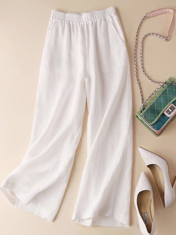 Casual Plain Ankle Pants Elastic Waist Pocket Stitching Pant