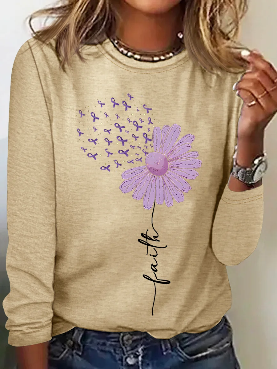 Crew Neck Long Sleeve Floral Regular Loose Blouse For Women