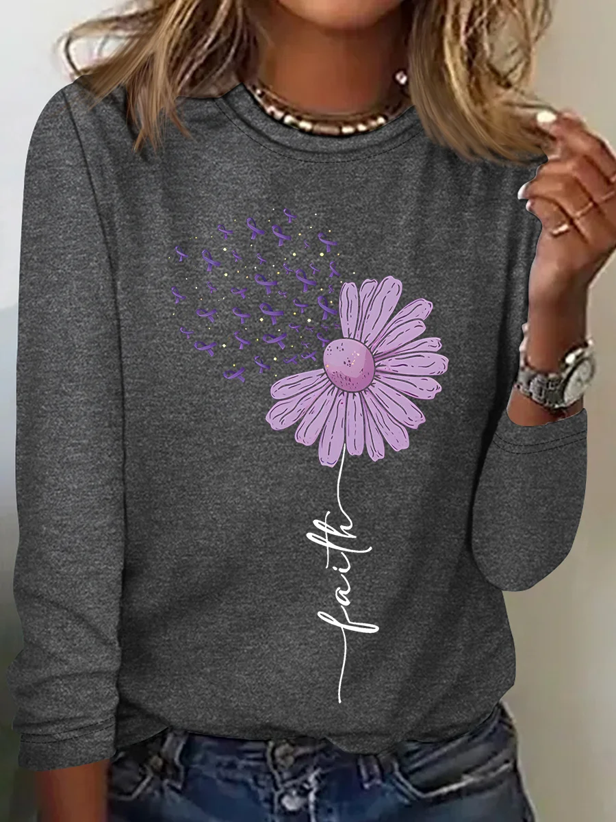 Crew Neck Long Sleeve Floral Regular Loose Blouse For Women