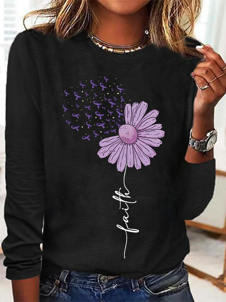 Crew Neck Long Sleeve Floral Regular Loose Blouse For Women