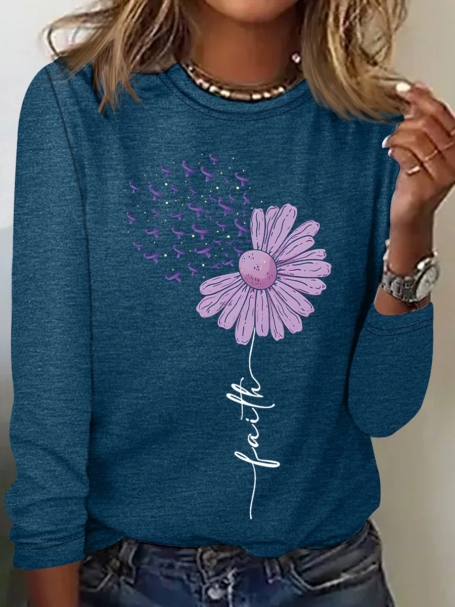 Crew Neck Long Sleeve Floral Regular Loose Blouse For Women