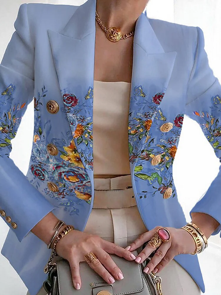 Women's Floral Spring/Fall Outerwear Casual Buckle Long Sleeve Shawl Collar Regular Blazer
