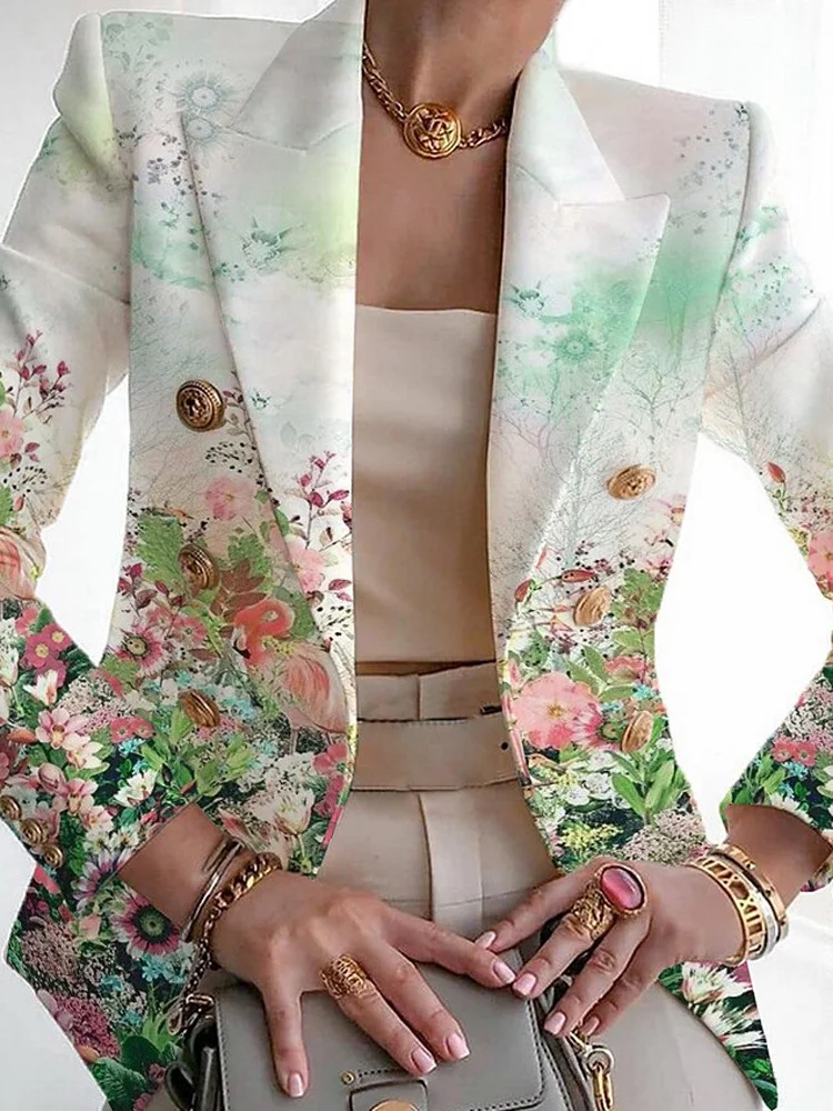 Women's Floral Spring/Fall Outerwear Casual Buckle Long Sleeve Shawl Collar Regular Blazer