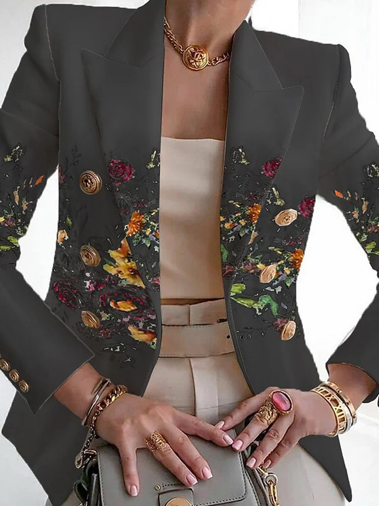 Women's Floral Spring/Fall Outerwear Casual Buckle Long Sleeve Shawl Collar Regular Blazer
