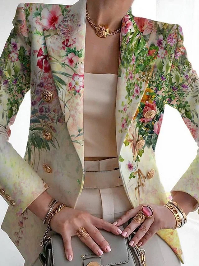 Women's Floral Spring/Fall Outerwear Casual Buckle Long Sleeve Shawl Collar Regular Blazer