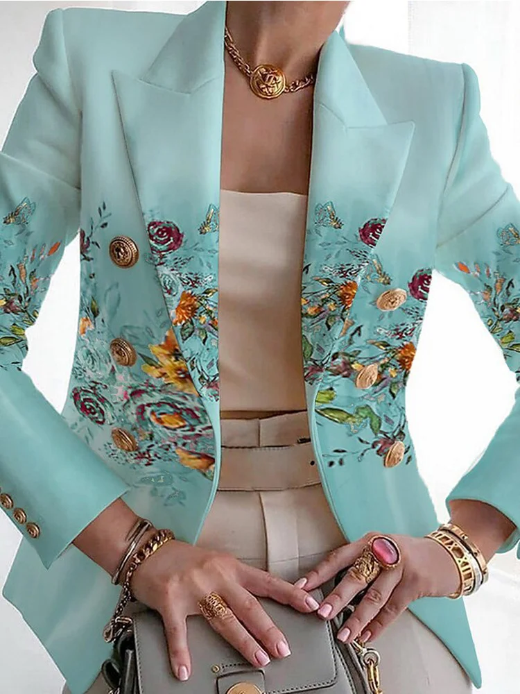 Women's Floral Spring/Fall Outerwear Casual Buckle Long Sleeve Shawl Collar Regular Blazer