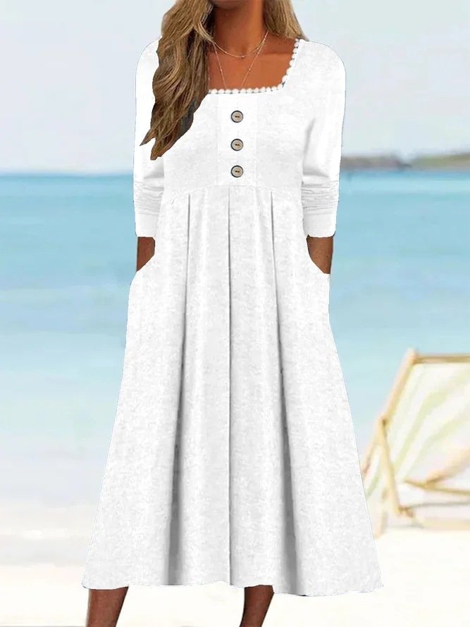 Women Plain Square Neck Long Sleeve Comfy Casual Buckle Maxi Dress