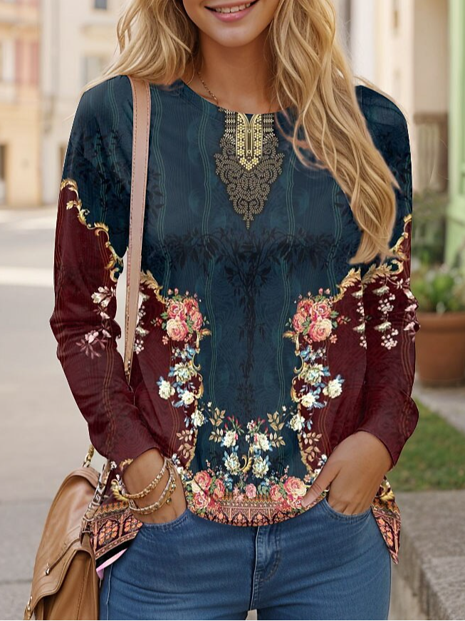 Casual Ethnic Crew Neck Long Sleeve T-shirt