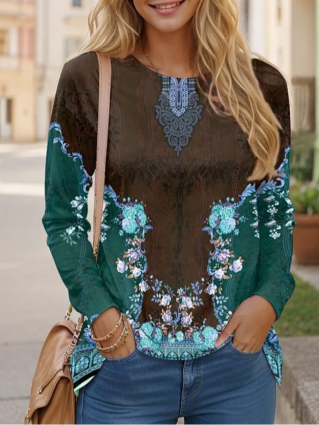Casual Ethnic Crew Neck Long Sleeve T-shirt