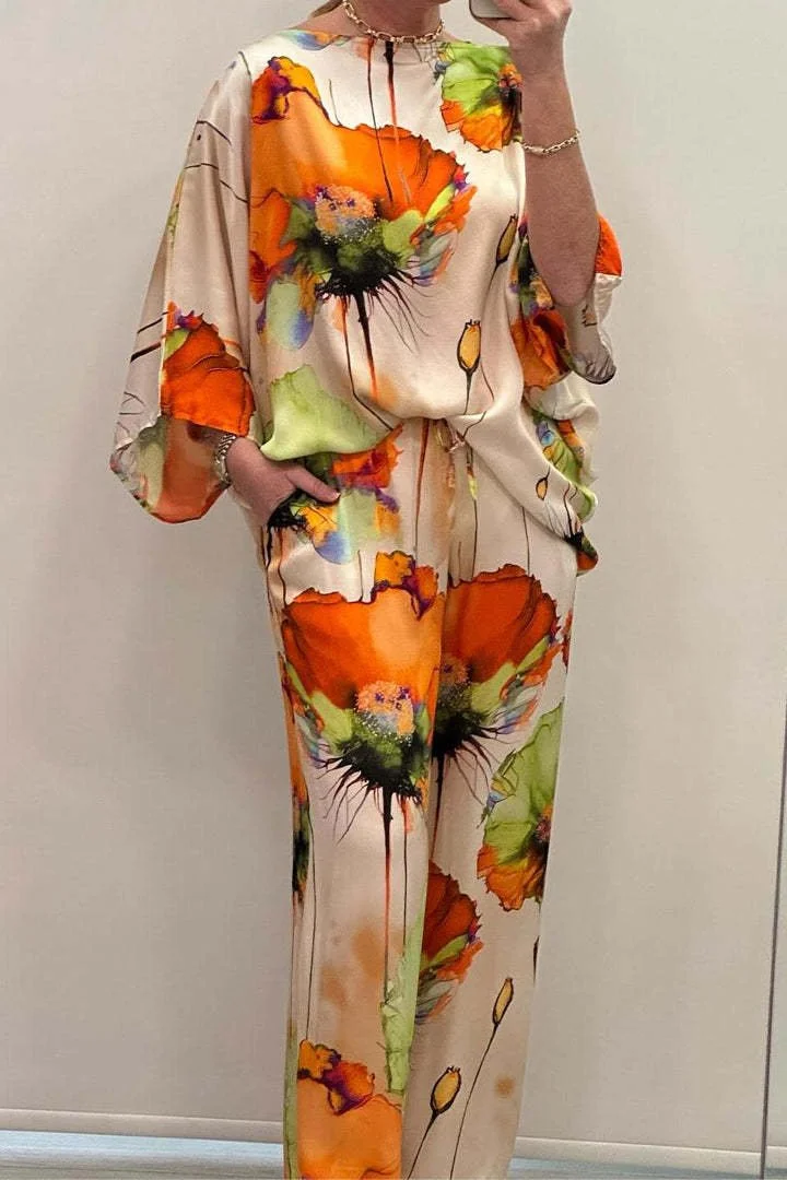 Women's Floral Daily Going Out Two Piece Set Long Sleeve Casual Spring/Fall Top With Pants Matching Set