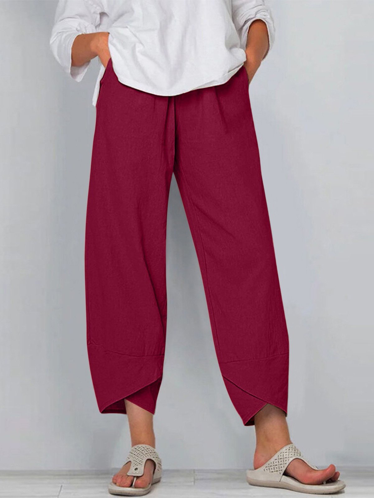 Casual Plain Ankle Pants Elastic Waist Pocket Stitching Pants
