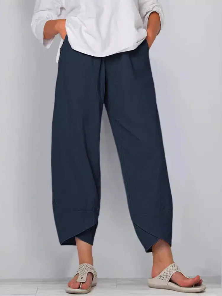 Casual Plain Ankle Pants Elastic Waist Pocket Stitching Pants