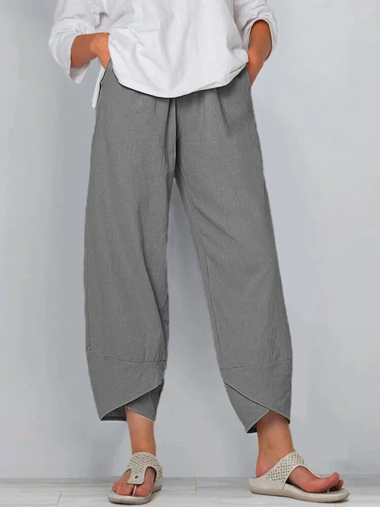 Casual Plain Ankle Pants Elastic Waist Pocket Stitching Pants