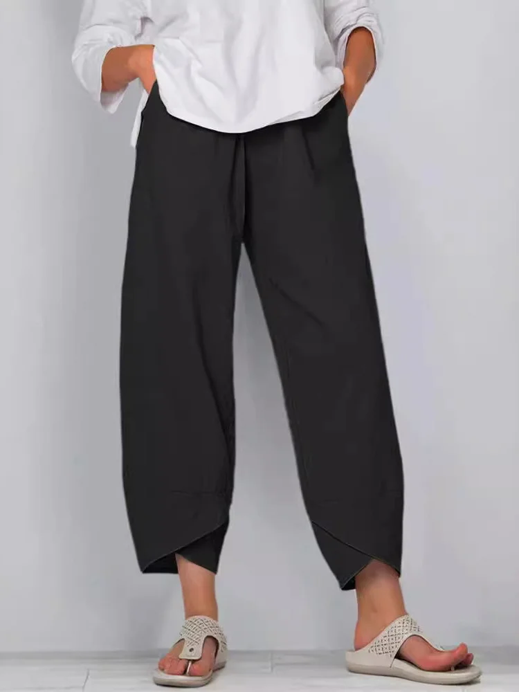 Casual Plain Ankle Pants Elastic Waist Pocket Stitching Pants