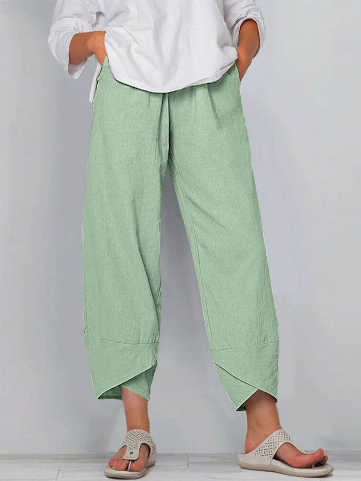 Casual Plain Ankle Pants Elastic Waist Pocket Stitching Pants