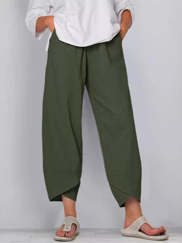 Casual Plain Ankle Pants Elastic Waist Pocket Stitching Pants