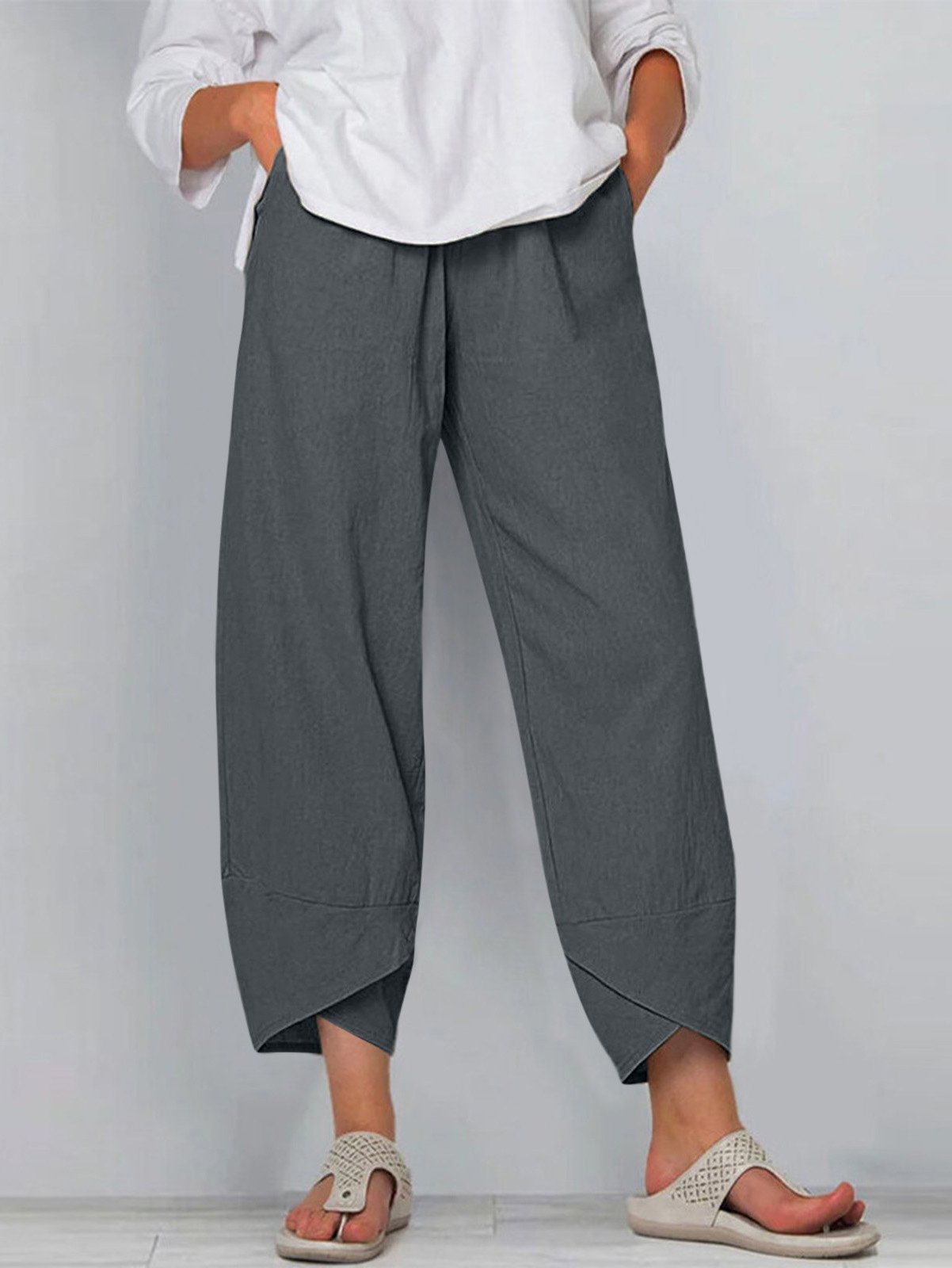 Casual Plain Ankle Pants Elastic Waist Pocket Stitching Pants