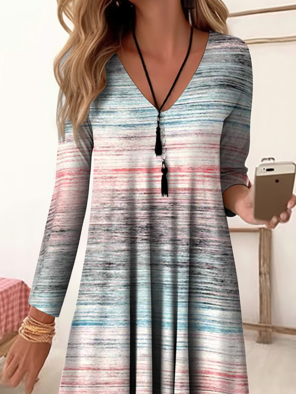 Women Striped V Neck Long Sleeve Comfy Casual Midi Dress