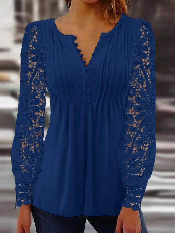 V Neck Long Sleeve Floral Lace Regular Loose Blouse For Women