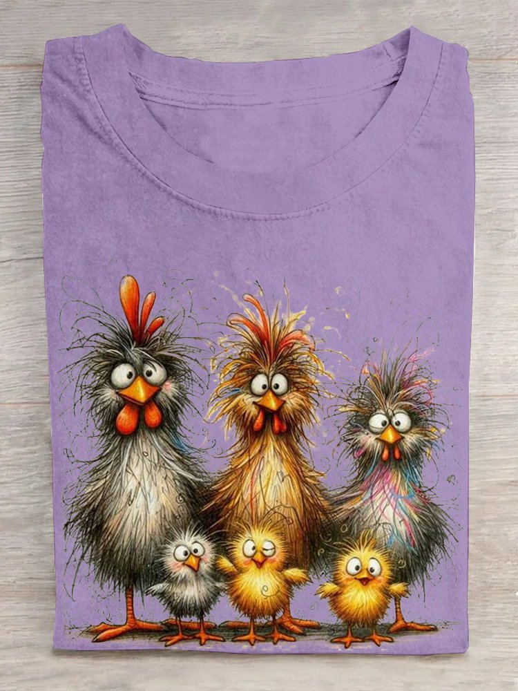 Casual Cute Chicken Art Print Crew Neck Short Sleeve Comfy T-shirt