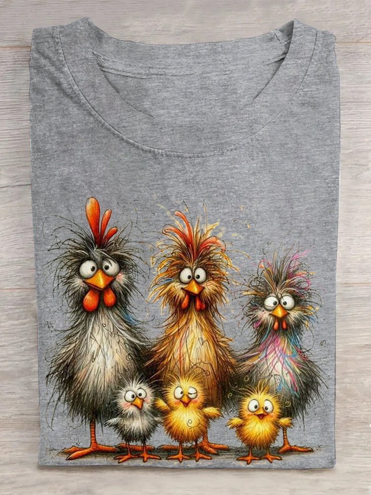 Casual Cute Chicken Art Print Crew Neck Short Sleeve Comfy T-shirt
