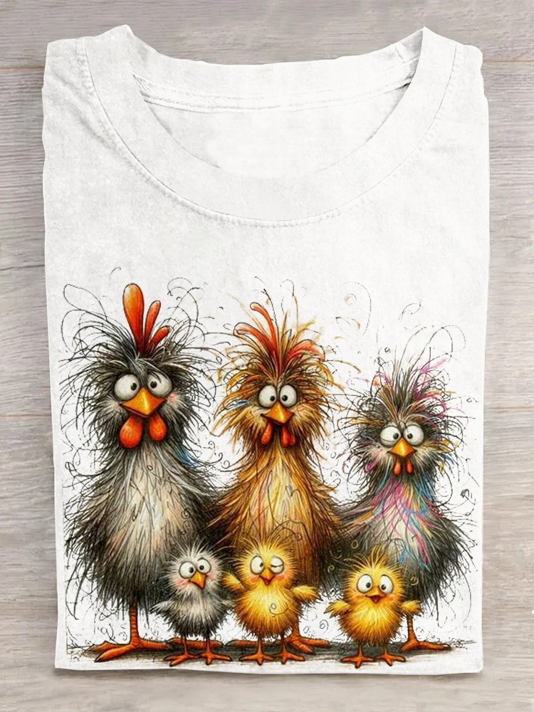 Casual Cute Chicken Art Print Crew Neck Short Sleeve Comfy T-shirt