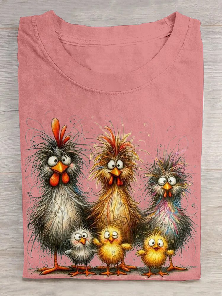 Casual Cute Chicken Art Print Crew Neck Short Sleeve Comfy T-shirt