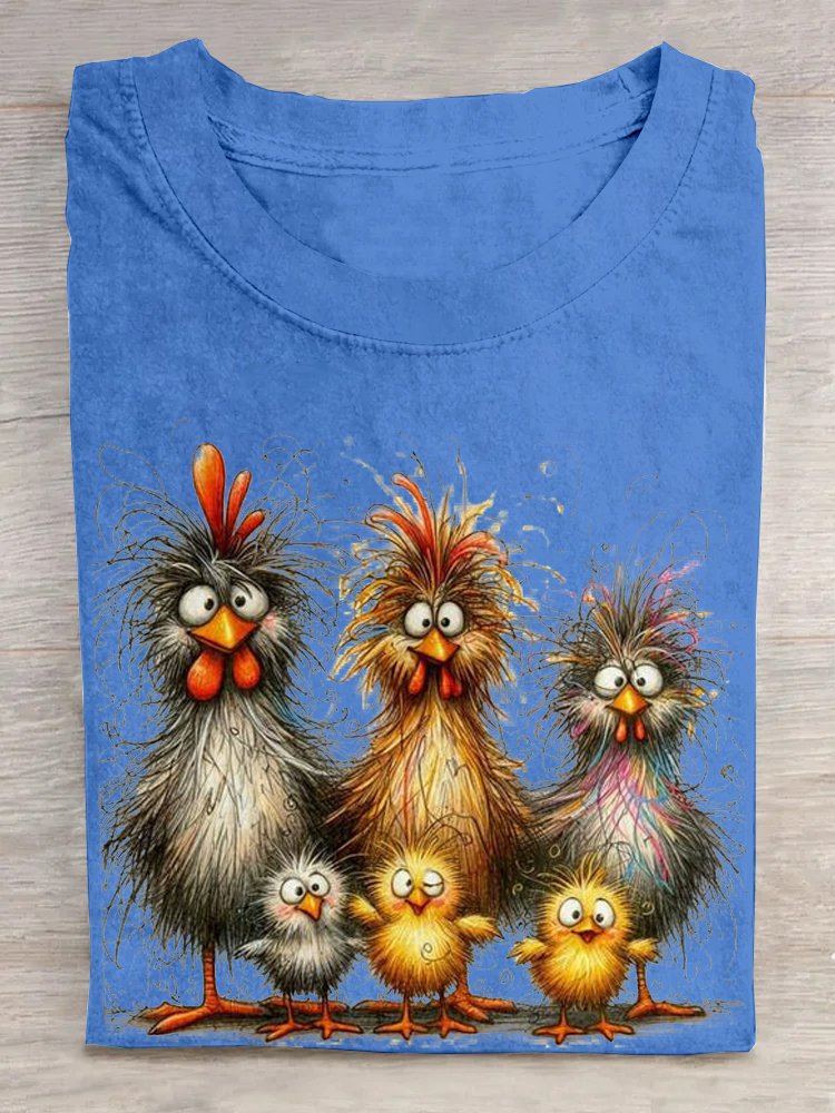 Casual Cute Chicken Art Print Crew Neck Short Sleeve Comfy T-shirt