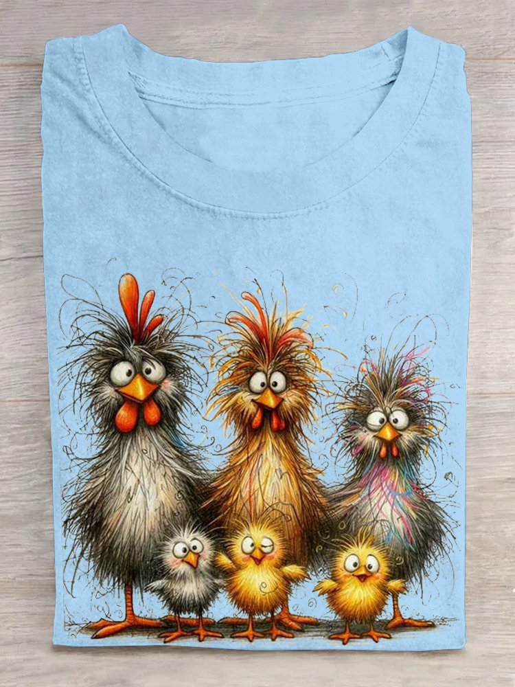 Casual Cute Chicken Art Print Crew Neck Short Sleeve Comfy T-shirt
