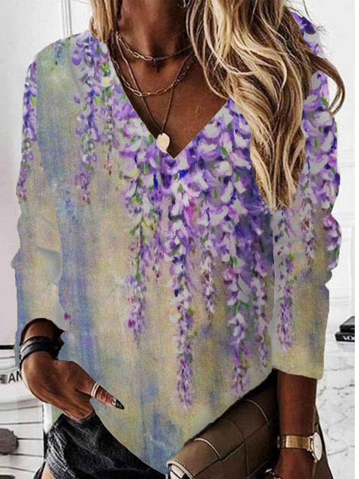 Casual V Neck Floral Sweatshirt