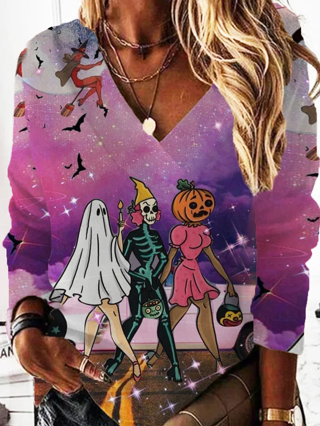 Casual V Neck Halloween Sweatshirt Printing