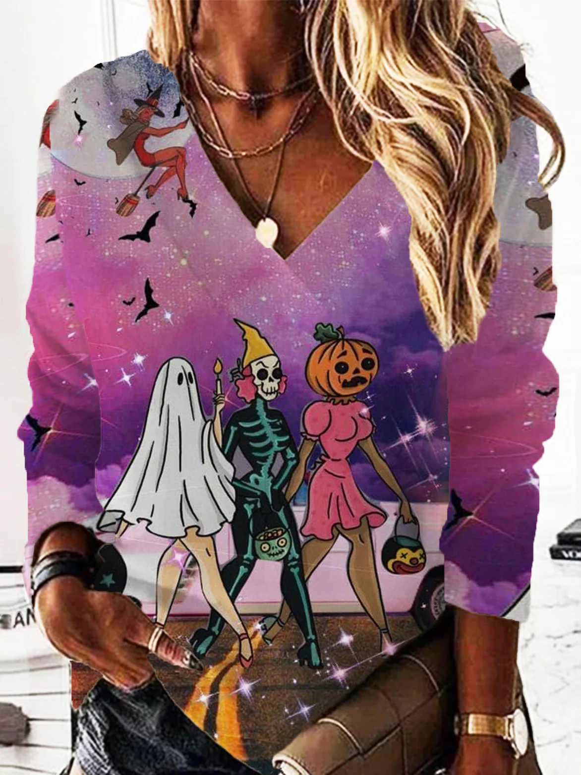 Casual V Neck Halloween Sweatshirt Printing