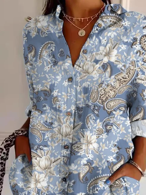 Shirt Collar Long Sleeve Cashew Flowers Regular Loose Shirt For Women