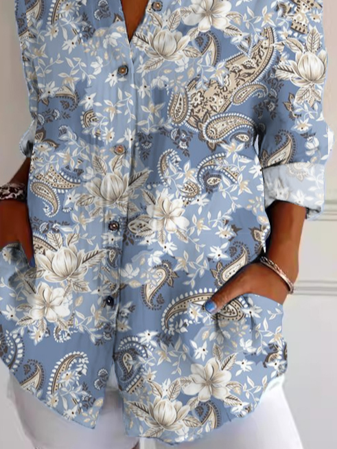 Shirt Collar Long Sleeve Cashew Flowers Regular Loose Shirt For Women