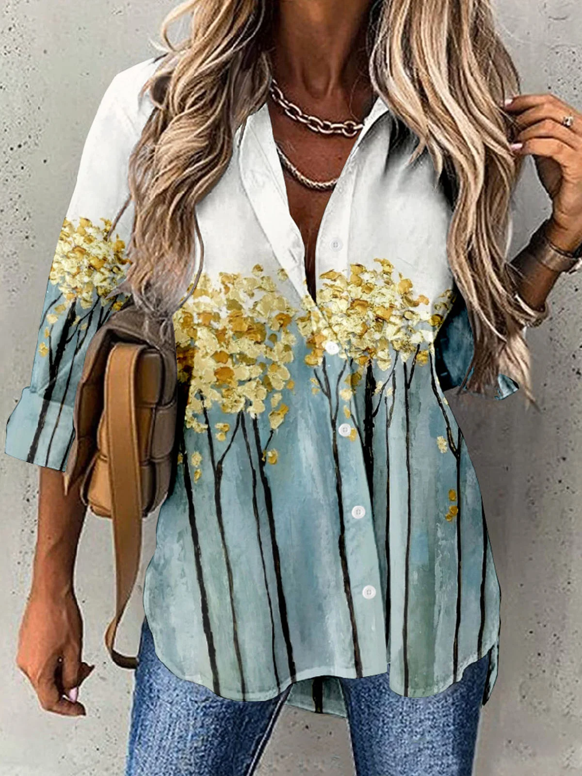 Shirt Collar Long Sleeve Abstract Buttoned Regular Loose TUNIC Shirt For Women